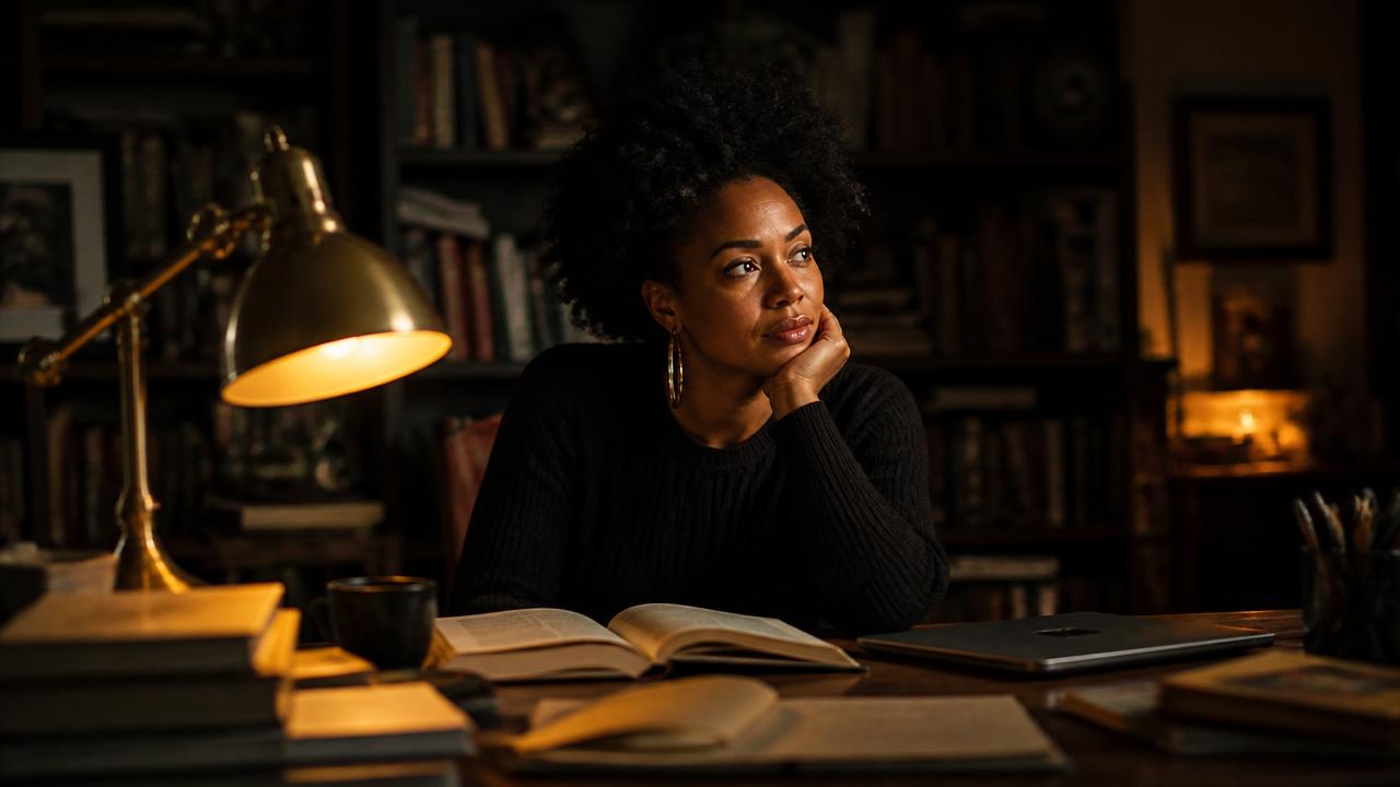 Author sitting at desk with book and laptop, looking thoughtfully away