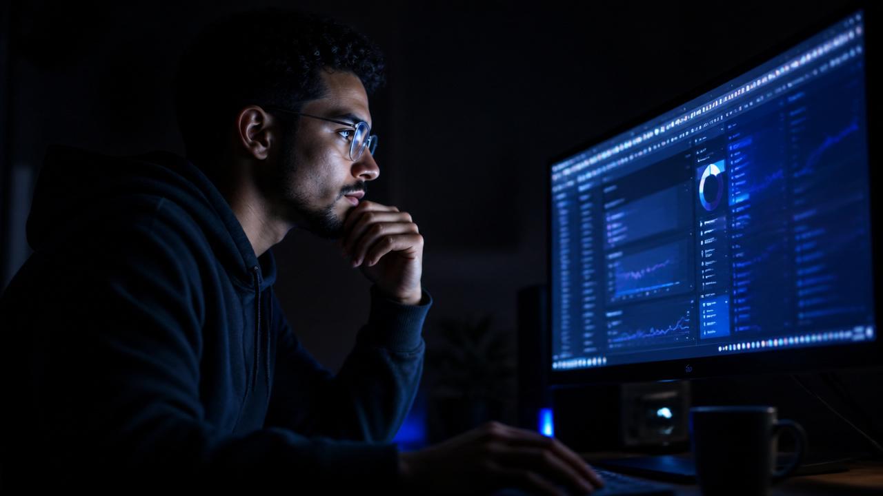 Developer working late at night with monitor glow illuminating their face